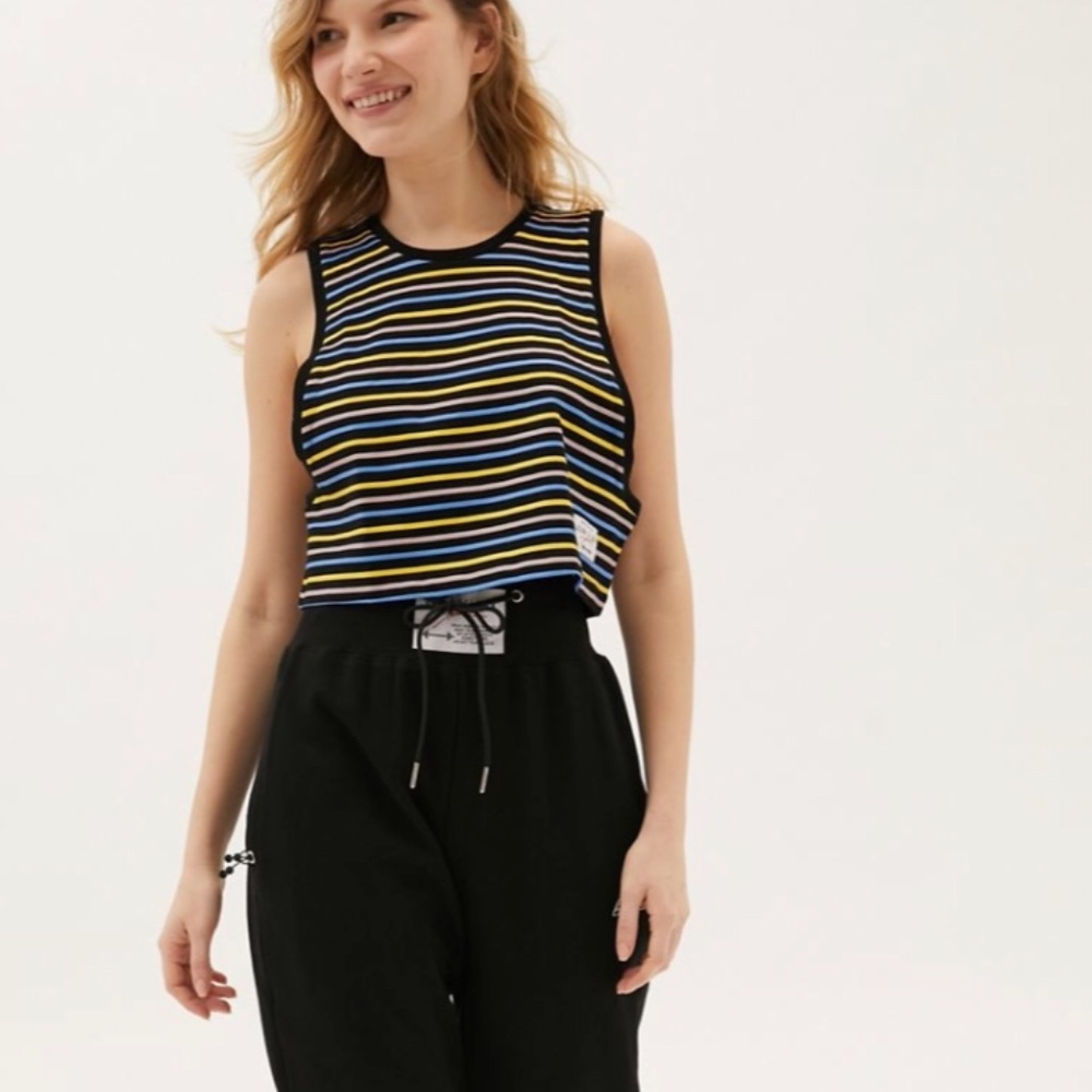 NWT Adam Selman Sport Cropped Low-side Muscle Tank Top Tee Blue Yellow Stripes